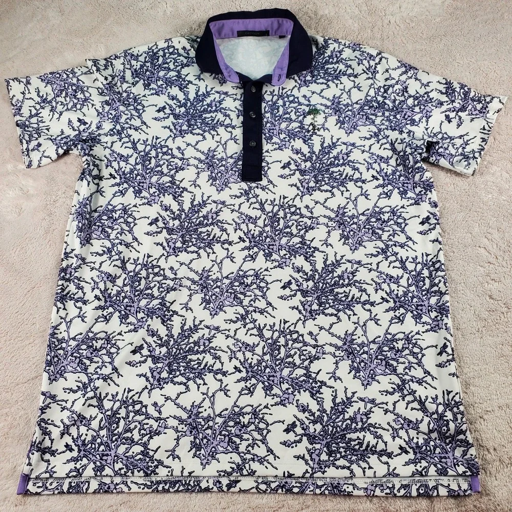 Greyson Clothiers Men L  Pine Tree Golf Logo Purple Coral Dragonfly Print Shirt